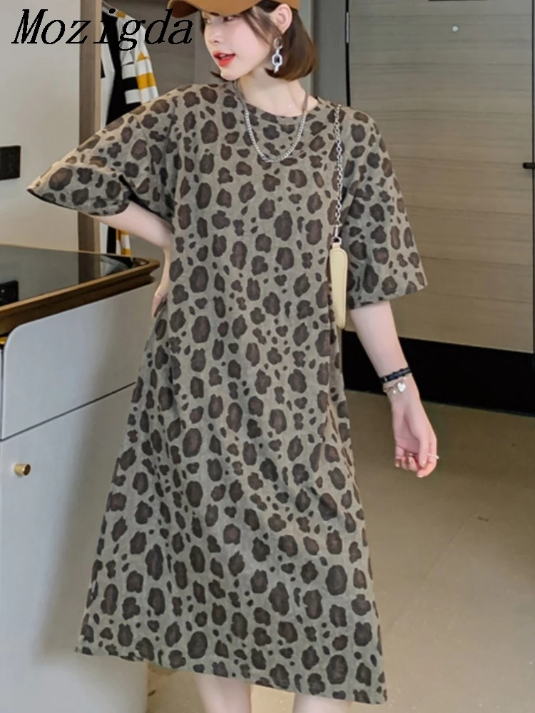 حجم كبير الصيف سبليت ليوبارد فستان المرأة الجديدة كوريا فستان امرأة فضفاضة Vestidos رداء Elbise قصيرة الأكمام طويلة فساتين السيدات #1