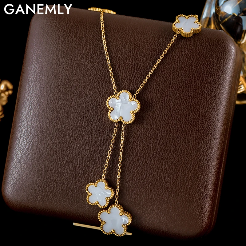 GANEMLY-collar con colgante de trébol de cinco hojas de acero inoxidable 316L para mujer, joyería de flores blancas Reversible a la moda, regalos de vacaciones