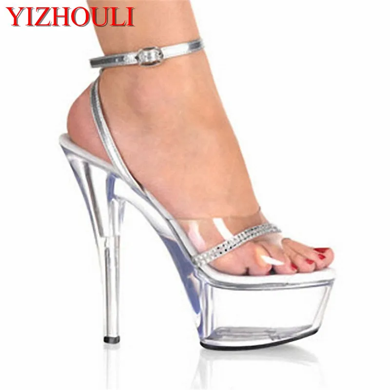 Ulubione seksowne obcasy 15 cm peep-toe księżniczki, buty do tańca, 6-calowe przezroczyste kryształowe letnie buty do tańca