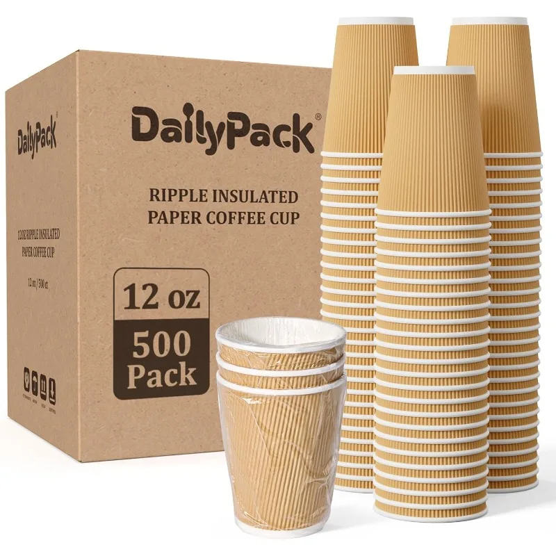 

500 Pack 12 oz Paper Coffee Cups, Ripple Insulated Paper Cups, Hot Water Cups for Home, Office, Hotel, Meetings, Parties