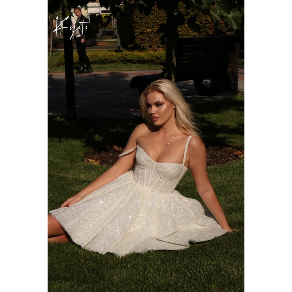 

Kyoto Customized Glitter Spaghetti Straps Wedding Dress White A-Line vestidos de novia Mini Sexy After Party 2025 فستان زفاف