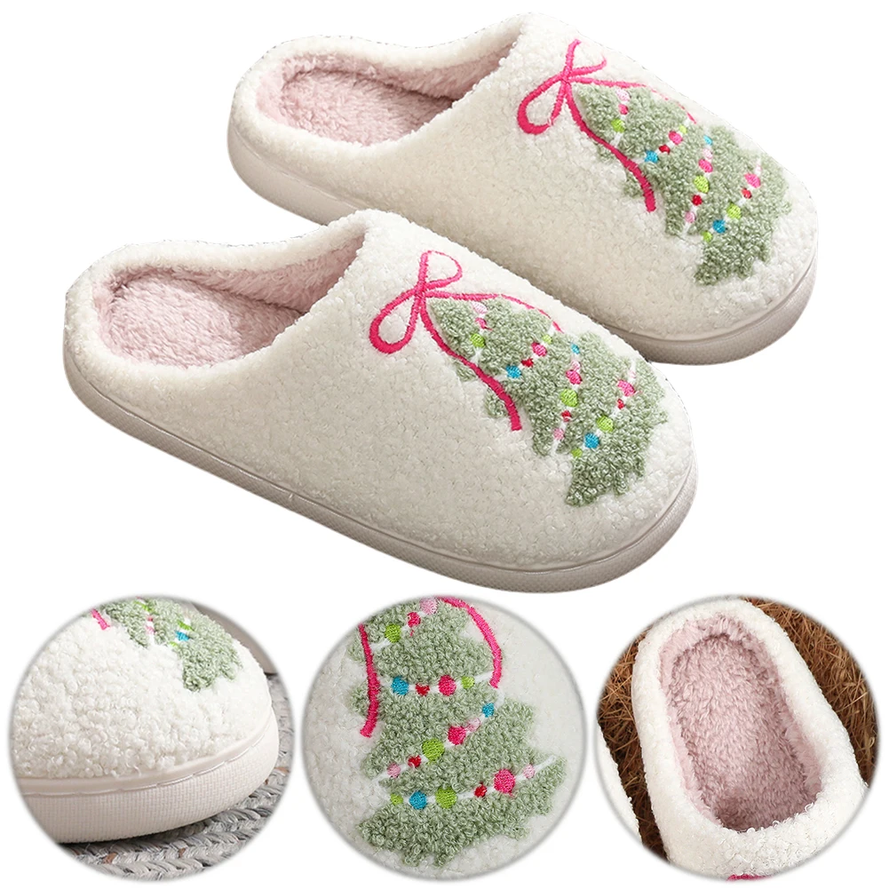 

Comfortable Furry Slippers Thick-Soled Warm Slip- House Shoes Bow Xmas Tree Pattern Christmas Plush Slippers for Winter Autumn