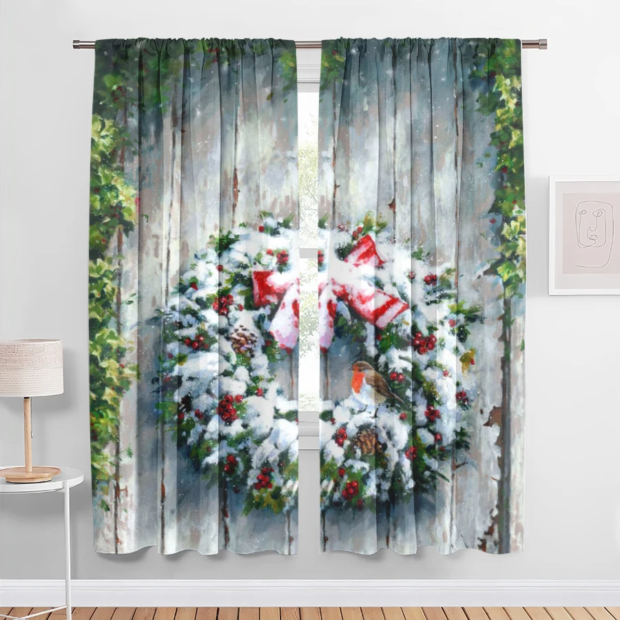 2PCS Digital Print Christmas Curtains, Snowy Wood Door Wreath Robin, Oil Painting Window Drapes for Holiday Home Decor