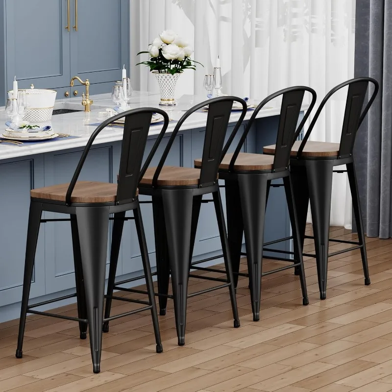 Barstools Set of 4 Counter Height for Kitchen Island Farmhouse Metal High Back Bar Chairs Wooden Seat 24" Matte Black