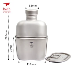 1100ml+700ml Keith Military Water Bottle Set Titanium Pot Canteen Cup Outdoor Camping Dual-use Water Bottle Ti3060