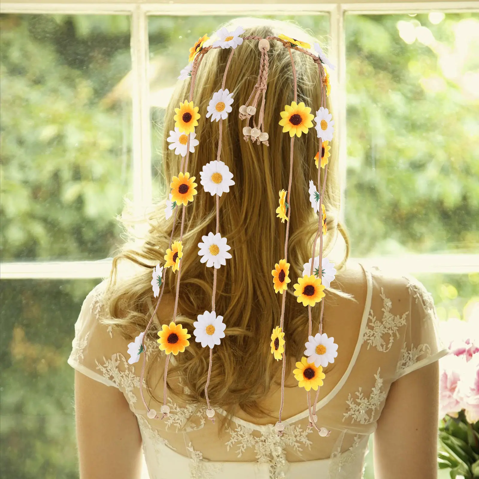 

Цветочная повязка на голову в стиле хиппи для женщин, регулируемая, с цветочным узором, подсолнухами и бусинами, ручной работы, аксессуар для волос, для вечеринок, фестивалей, в стиле бохо
