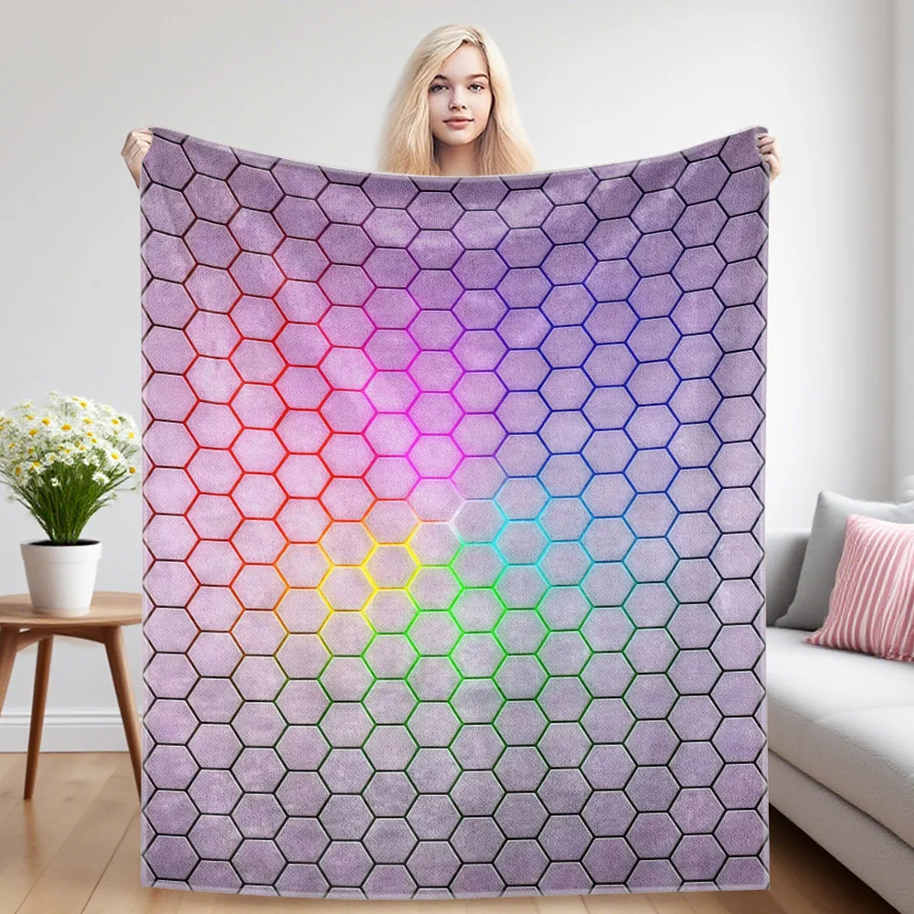Neon Hexagon Flannel Blankets Are Suitable For Sofas, Men's Room Decorations, Thick And Warm Gifts For Teenagers