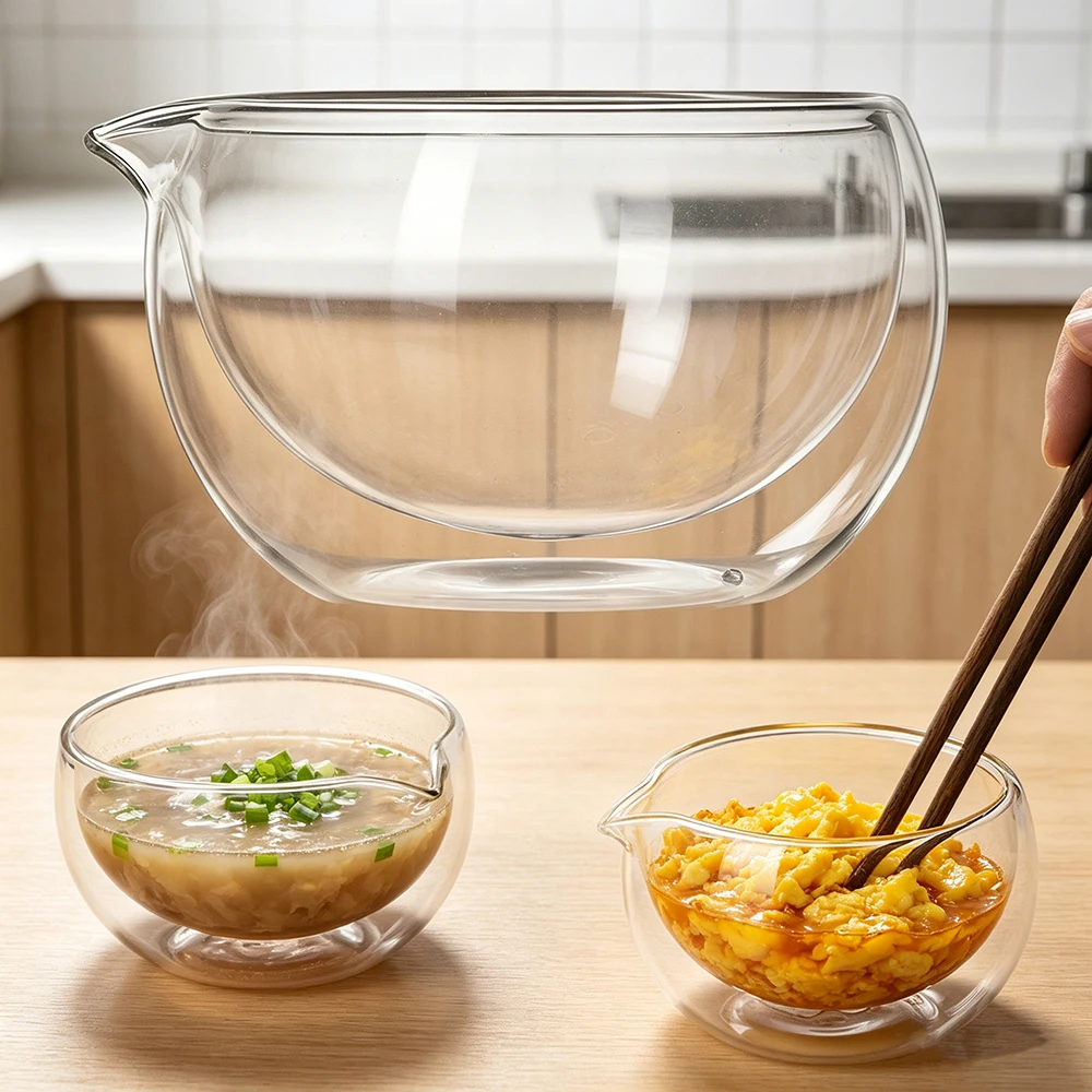 Doppelwandige Glas-Matcha-Schüssel Transparente Obst-Salat-Joghurt-Rührschüssel Mit Ausgießer Küchenschüssel Zum Eierrühren, Backen und Servieren – Detail 2