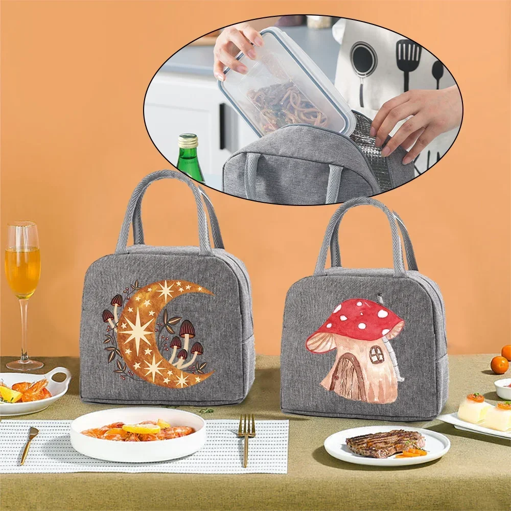 Reusable Insulated Lunch Bag Portable Portable Lunch Bag Canvas Insulated Lunch Bag Waterproof Mushroom Print Pattern