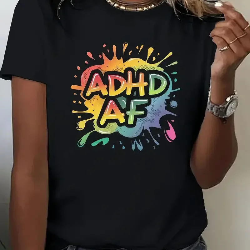 Letter Print ADHD AF Crew Neck T-shirt Casual Short Sleeve Top T-shirts Women's Clothing Black T-shirts Graphic T-Shirt Tees