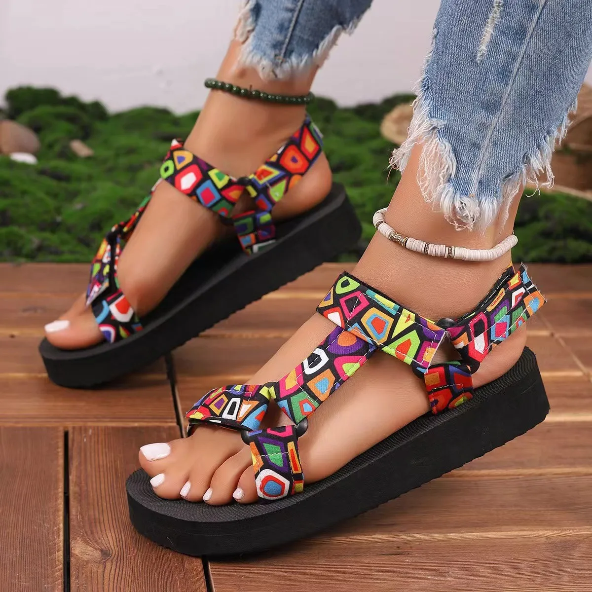 New Summer Women Lightweight Bohemian Flat Sandals Fashion Mixed color stamp Outdoor Casual Slippers Large Size Beach Sandals