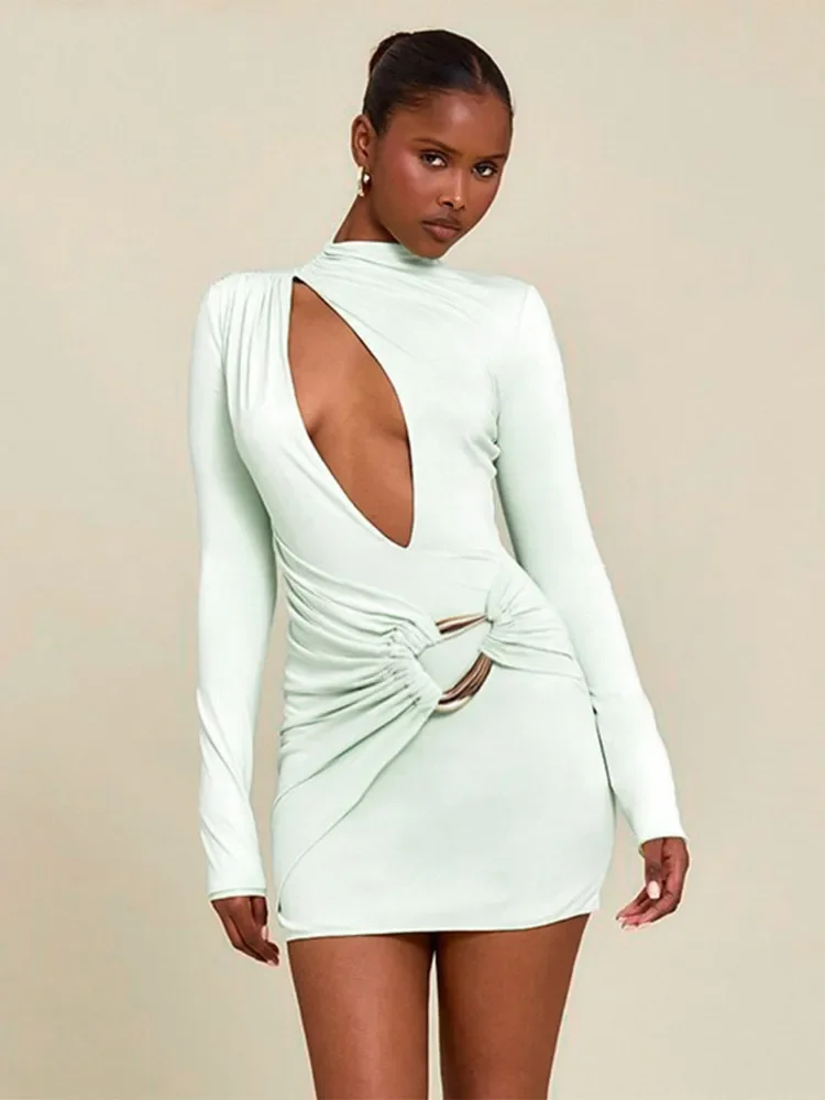 Women Sexy Hollow Pleated Mini Dress Chic Solid Full Sleeve Half-high Collar Bandage Slim Dresses 2025 Lady Evening Party Gowns