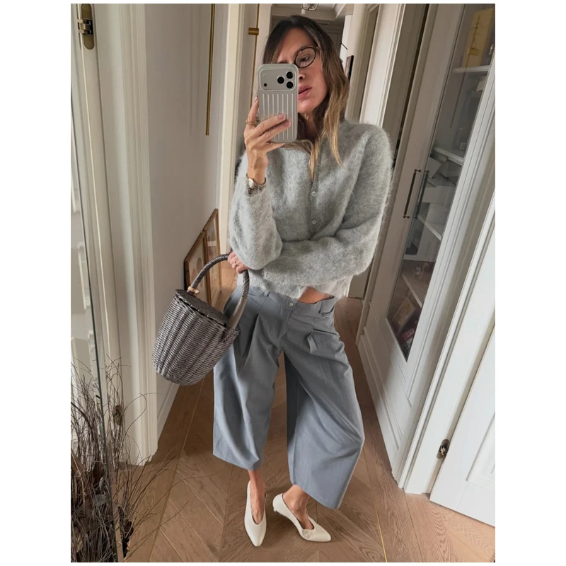 Solid Color Zipper Waist Cinching Casual Set Knitted Top Drawstring Straight Leg Pants 2-piece Sets 2026 Autumn Lady Daily Wear