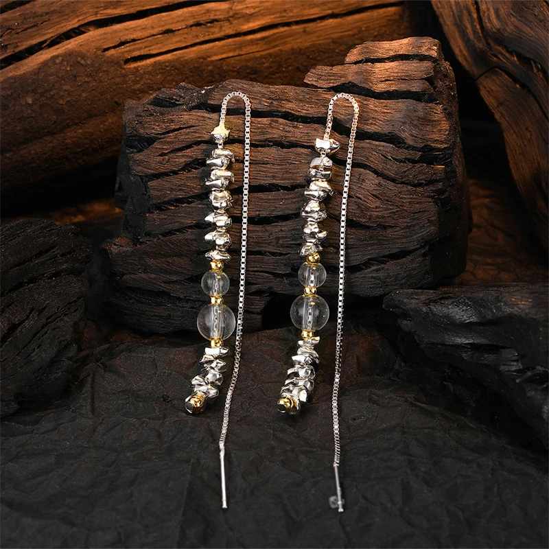 925 Sterling Silver White Crystal Long Chain Dangle Earrings For Women Girl Two Tone Irregular Geometric Earring 2023 New Gift