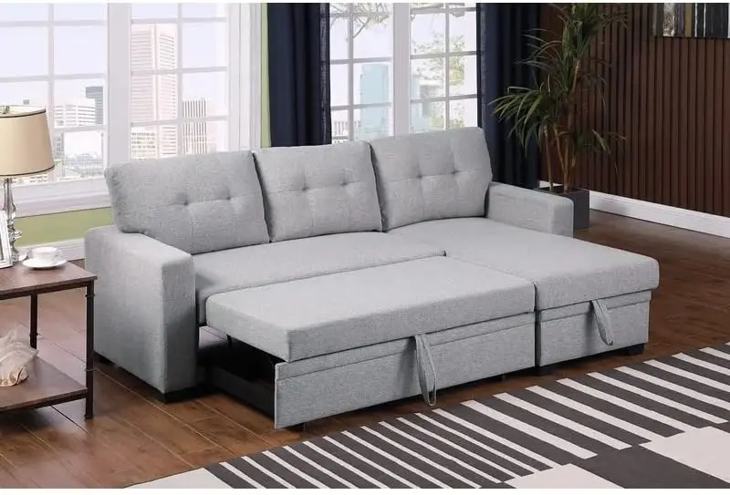 

L-Shaped Polyester Fabric Reversible, Convertible Pull-Out Sleeper Sectional Sofa/Storage Chaise with Cushions and Track Arms