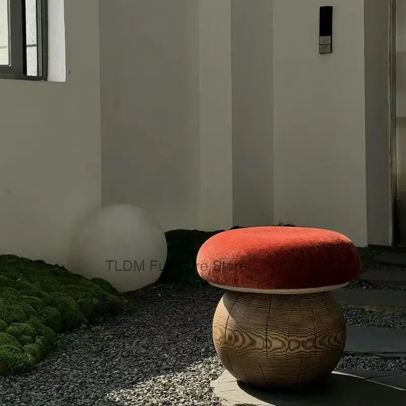 Mushroom Shaped Stool,Wood Base Plush Round Cushioned Top Creative Accent Footrest Side Table for Living Room Bedroom Entryway view 3
