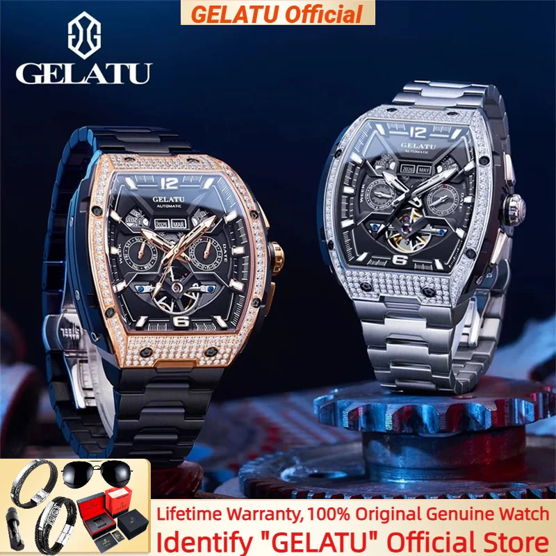 

GELATU 6016 Big Dial Mechanical Watch for Man Skeleton Waterproof Diamond Bezel Wristwatch Multi-function Automatic Hand Clock