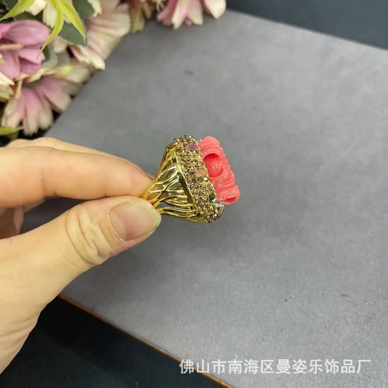 Shell powder pressed peony flower ring inlaid tourmaline jewelry New Chinese live broadcast popular accessories jewelry