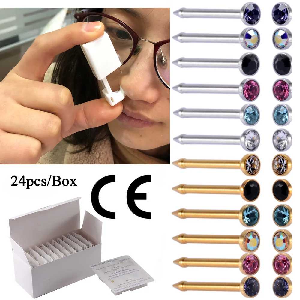 24PCS Disposable Nose Piercing Units Body Jewelry Nose Bone Piercing Gun Kit Tools with 316L Steel Studs