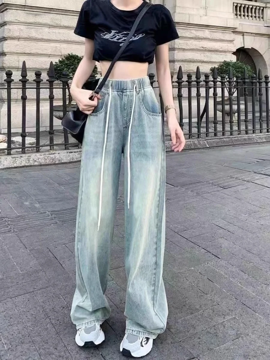 Drawstring Loose Waist Light Blue Denim Pants Women's Casual Trousers Middle School Students 2025 New Spring Wide Leg Jeans