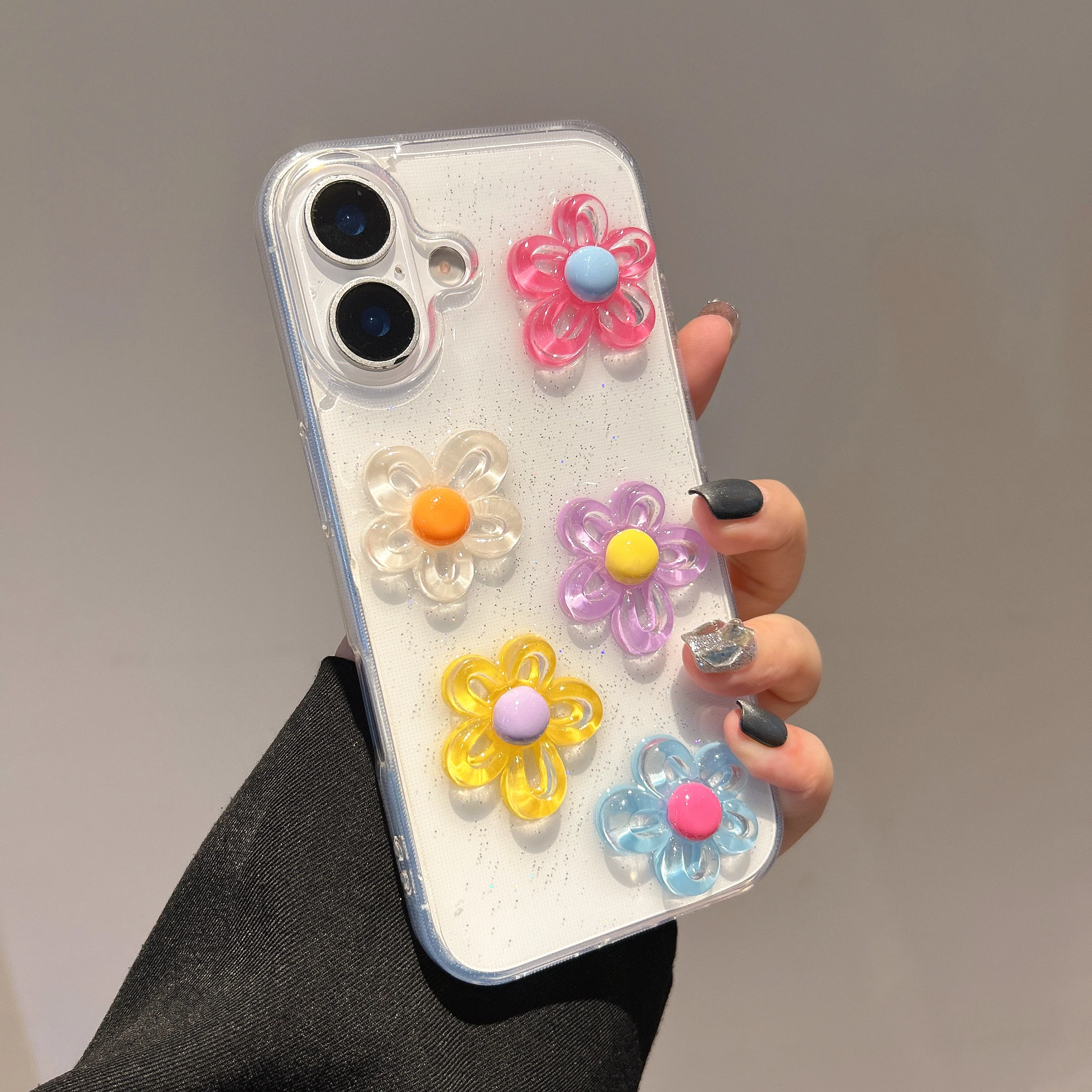 لطيف شفاف ثلاثية الأبعاد زهرة ملونة بريق التألق تأثير جرلي جراب هاتف آيفون 16 15 14 11 12 13 برو ماكس زائد الغطاء الخلفي
