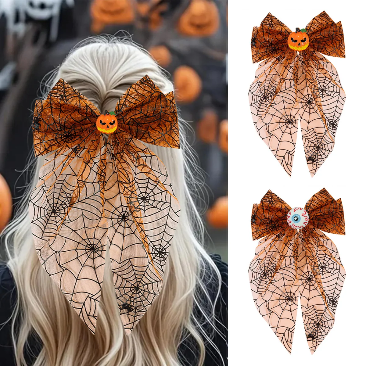 Halloween Spider Web Tulle Bow Hair Clips Pumpkin Eyeball Decor Barrettes Cosplay Party Accessory for Women Girls