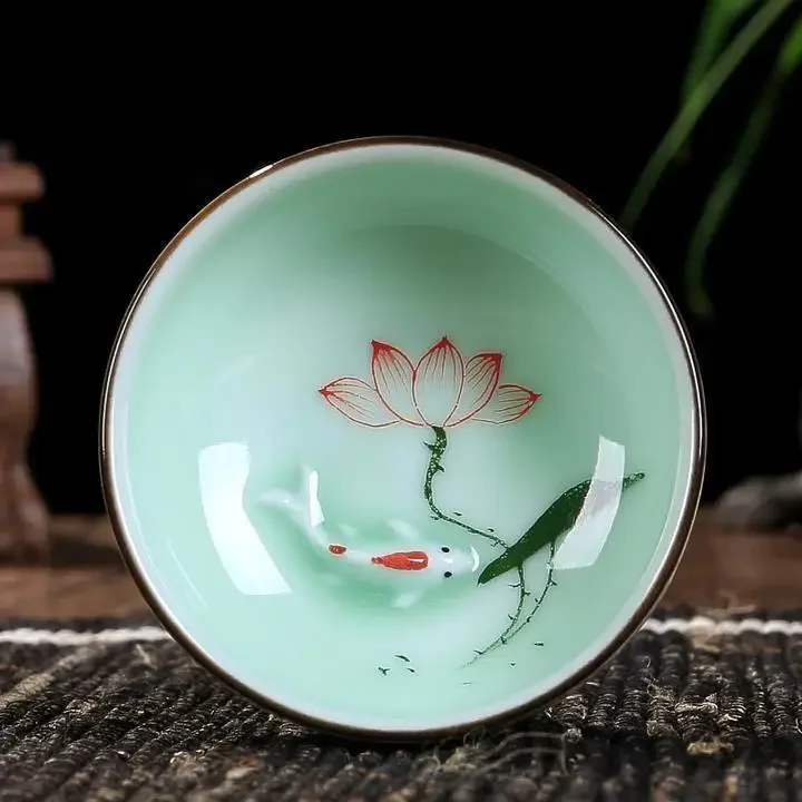 tea cup Boutique celadon tea cup Goldfish lotus design handmade craft ceramic