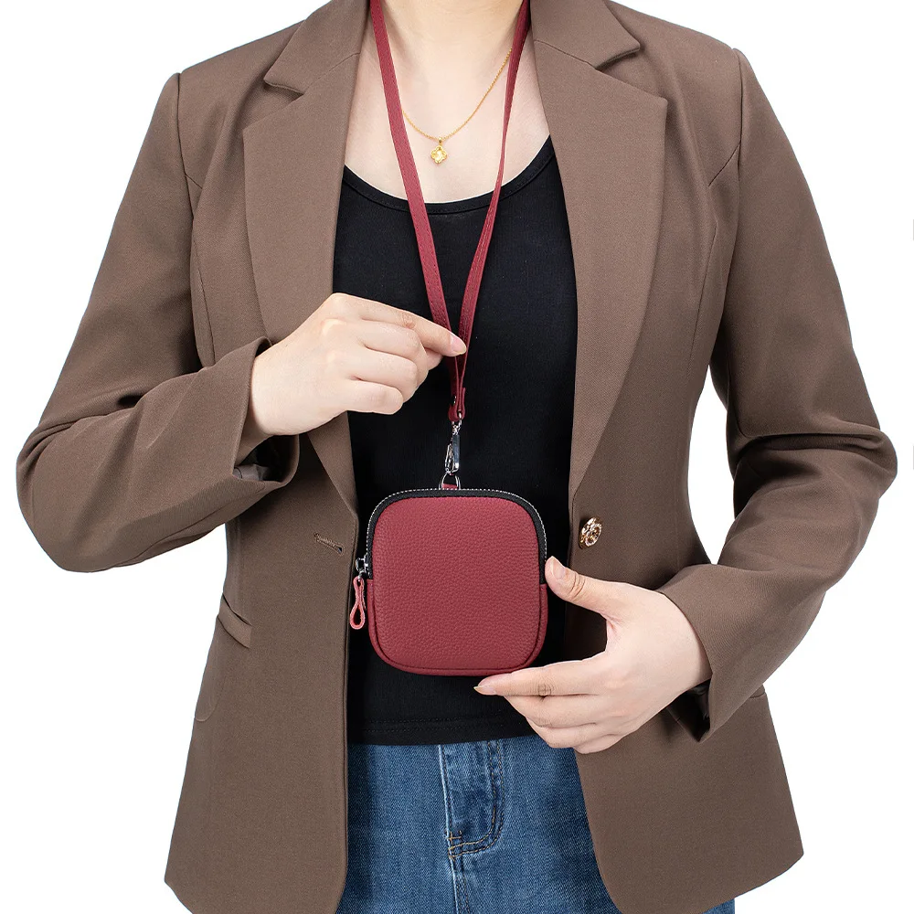 First Layer Cowhide Simple Coin Purses Portable Neck Hanging Cards Lipstick Storage Pouch Genuine Leather Square Coin Organizers