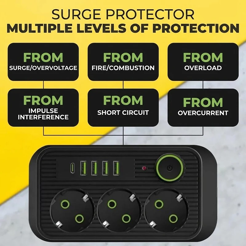 EU Plug Multiple Sockets AC Outlets Power Strip Extension Cable With USB Ports Surge Protector Network Filter Individual Switch
