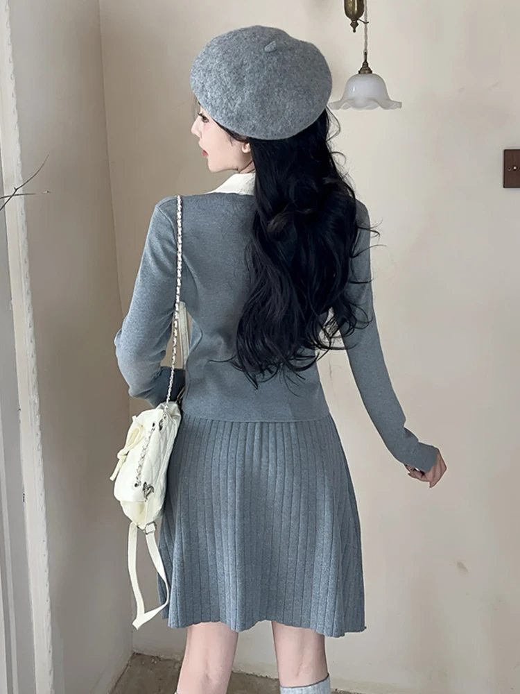Женская одежда Sweet Kawaii Трикотажные комплекты из двух предметов Женские однобортные топы Свитер Пальто Куртка Короткая плиссированная юбка Комплекты