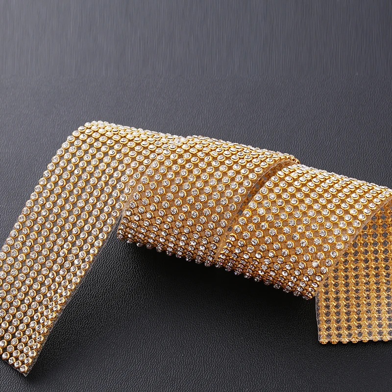 8rows Gold Crystal Rhinestone Chain Trim Hotfix Glass Gold Base Rhinestone Ribbon Clear Rhinestone Tape Trim Iron on Shoes