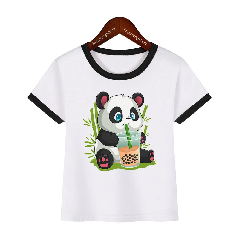 

t-shirt for boys/girls funny panda drinking milk tea cartoon printing tshirt summer children's clothing tshirt short sleeve tops