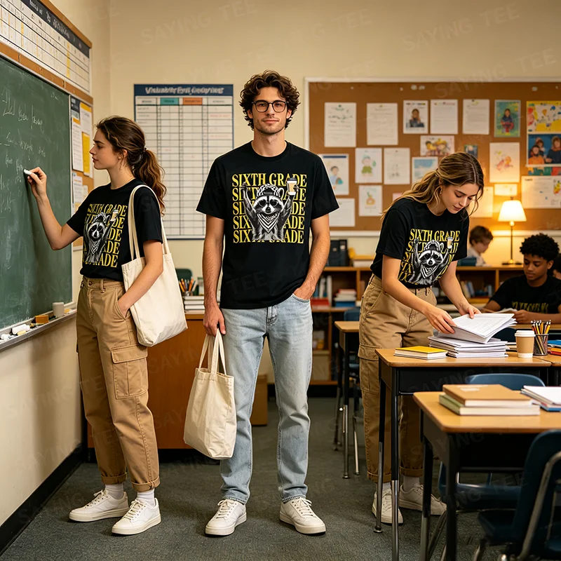 Lustiges T-Shirt für Lehrer der vierten und sechsten Klasse mit wildem Waschbären zum Schulanfang, Y2k-Schulkleidung, niedliche Kleidung für Schüler und Lehrer zum ersten Schultag – Detail 5