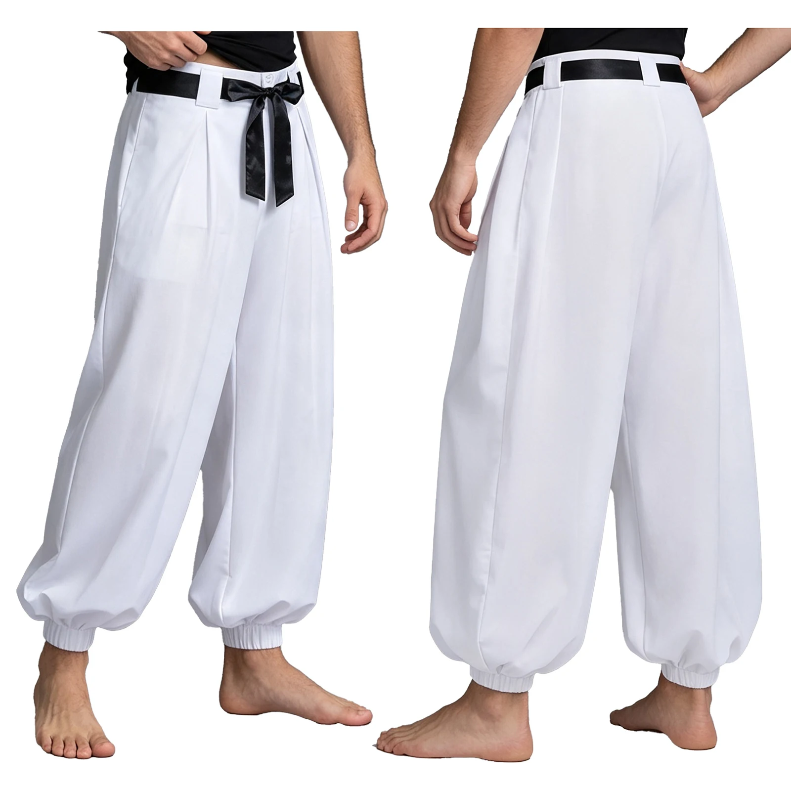 Mens Arab Prince Harem Pants Buttons Zipper Fly Pleats Bloomers Trousers with Belt for Halloween Cosplay Party Daily Casual Wear