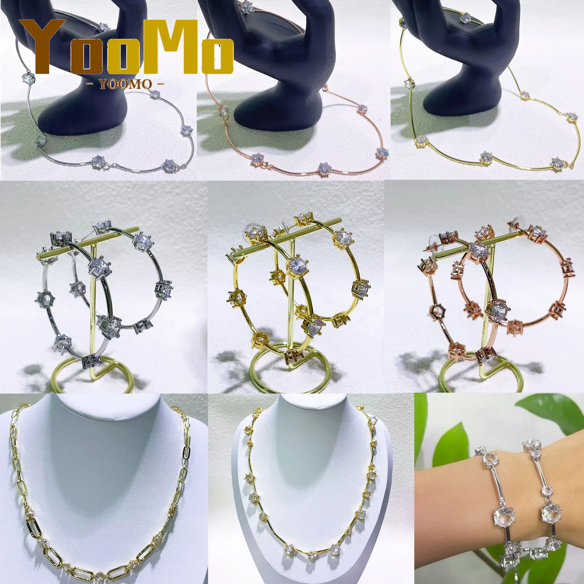 

Fine Jewelry Sets High Quality Charms Gift Original Luxury Shiny Gold Silver Crystal Necklace Bracelet Large Hoop Earrings Women