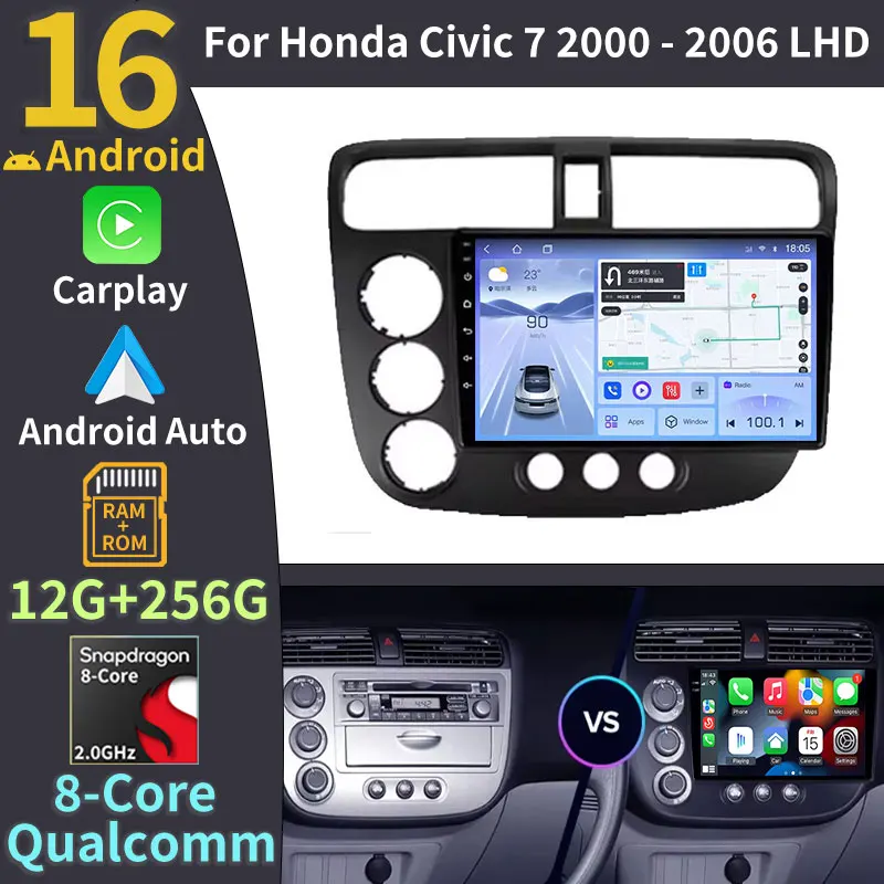 Radio para Auto Android 16 para Honda Civic 7 2000-2006, Unidad Principal 4G LTE, Multimedia Inalámbrico, Carplay, DSP, Audio DTS, Navegación RDS, WIFI