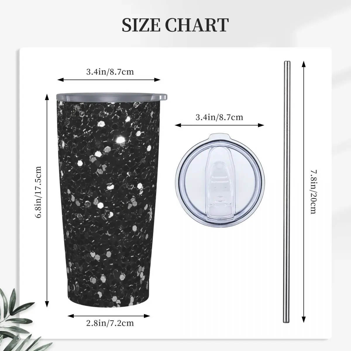 Black Glitter Look Chunky Sequin Stainless Steel Tumbler Vacuum Insulated Mug Thermal Cold Cup Straw With Lid 20oz