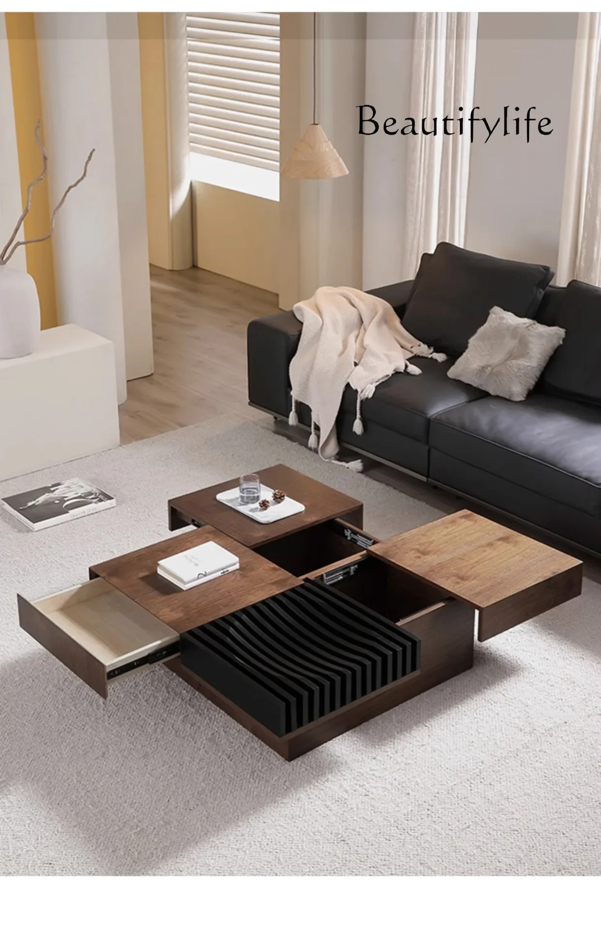 Italian Nordic Black Walnut Color Tea Table Storage Square Solid Wood Tea Table Simple Living Room