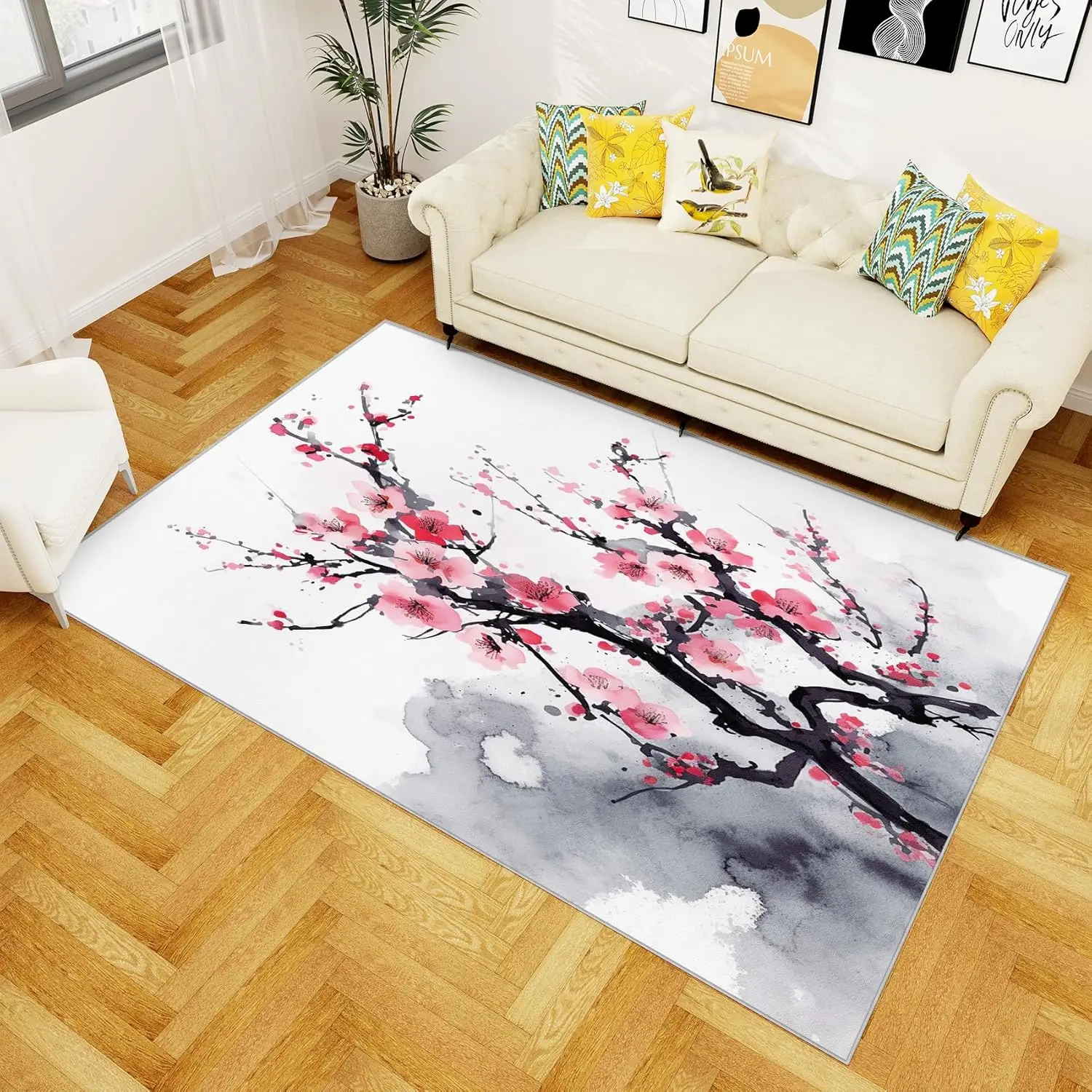 

Cherry Blossom Rug for Bedroom-Cherry Blossom Rug - Japanese Pink Flower Area Rug - Girls Floral Rugs - Non Slip Low Pile Carpet