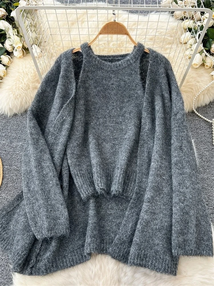 2025 maglione di cashmere solido di nuova moda maniche lunghe cardigan caldo allentato + canotta in maglia senza maniche top casual delicato invernale