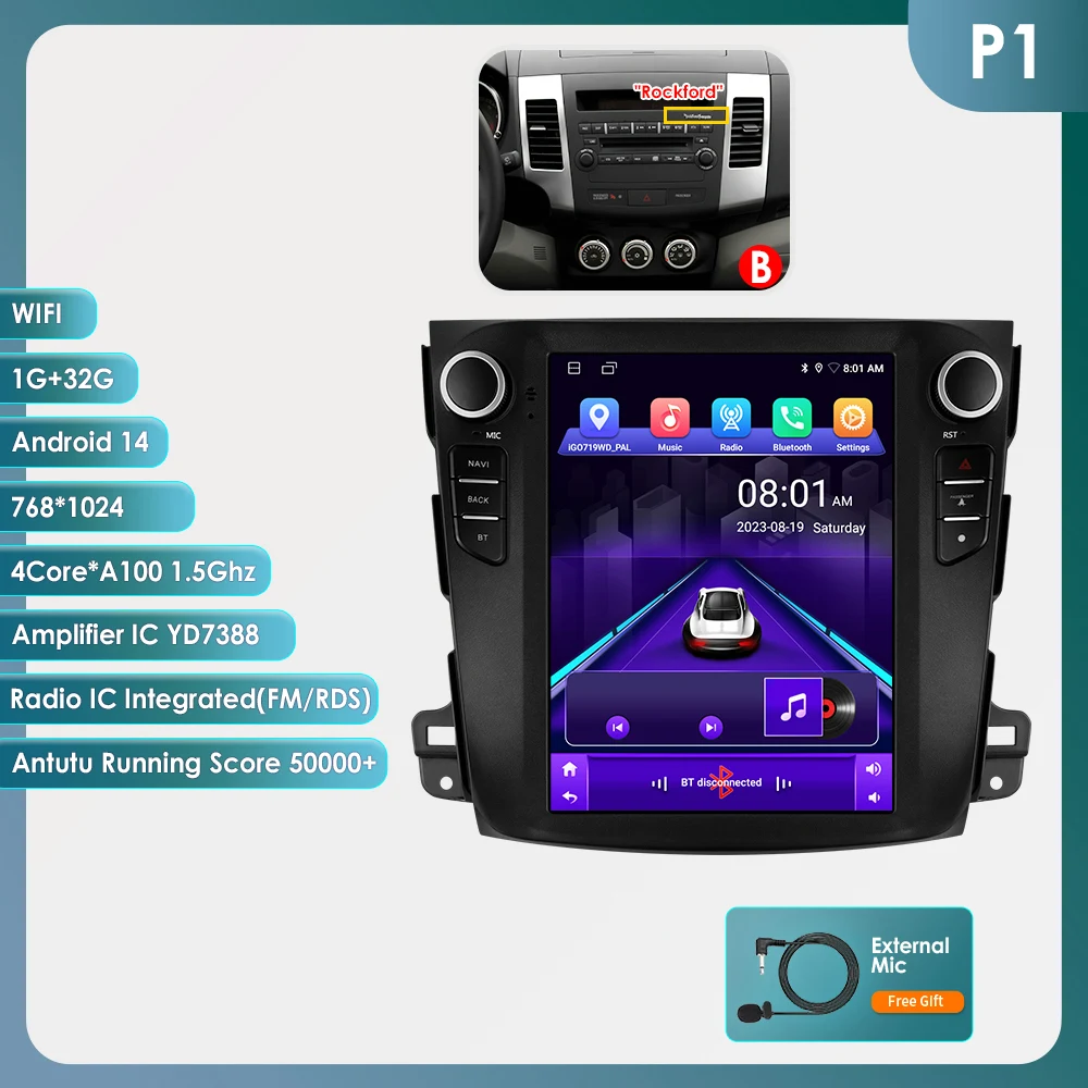 Hizpo 8-Core Tesla-stijl autoradio voor Mitsubishi Outlander XI 2 2008-2011, Android Auto, multimediaspeler, Carplay, GPS, stereo