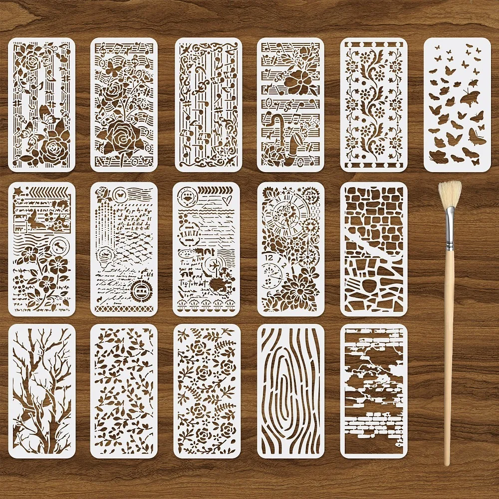 

Набор из 16 трафаретов для творчества: многоразовые шаблоны для смешанной техники, текстурные трафареты для фона, многоразовые трафареты с ветвями, музыкальными нотами и цветочными узорами