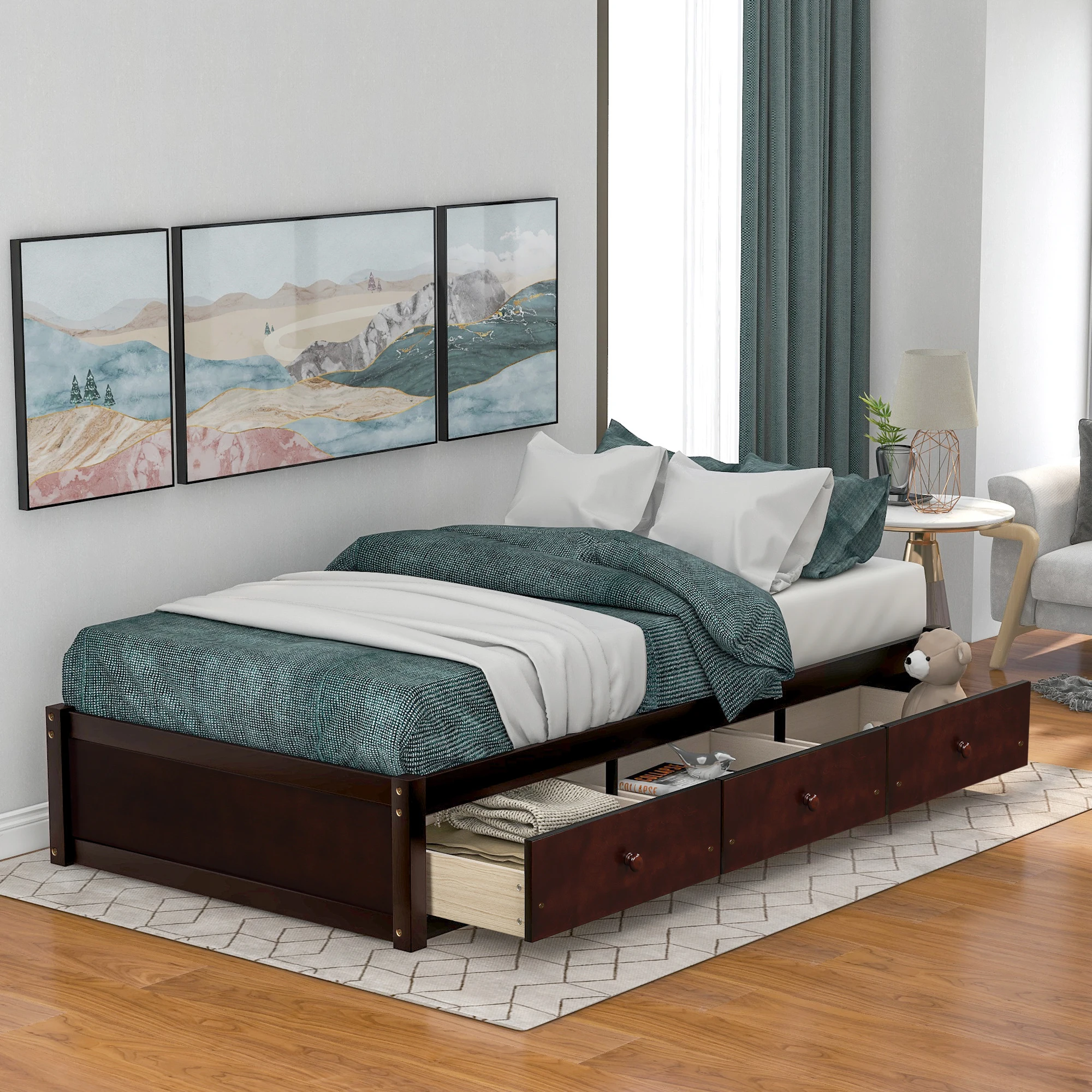 

Orisfur. Twin Size Platform Storage Bed with 3 Drawers