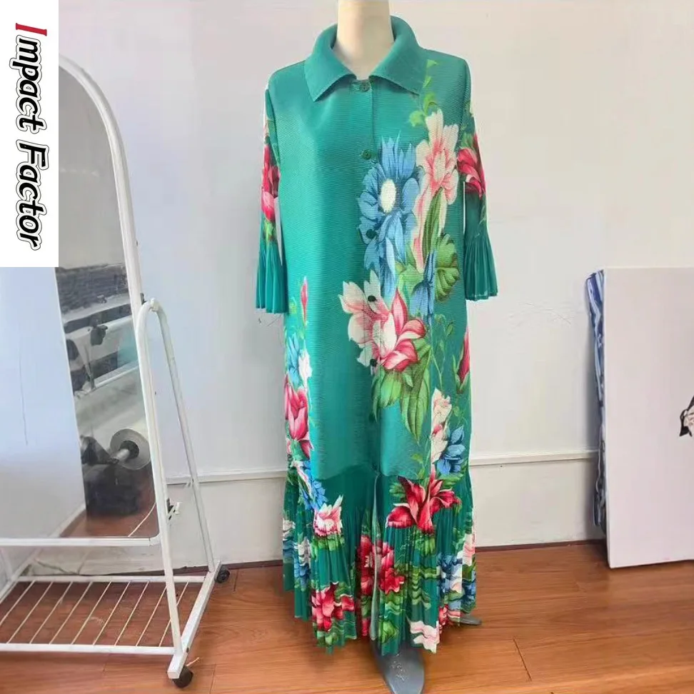 2025 Miyake Summer Fashion Pleated Loose Women's Dress African Lapel Print Loose Long Coat Dress
