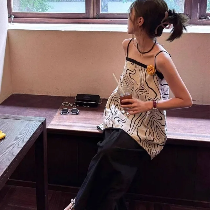 Women Clothes Summer Fashion Loose Printing Solid Color Sling Female All-match Fashionable Pure Desire Wind Camis Camis