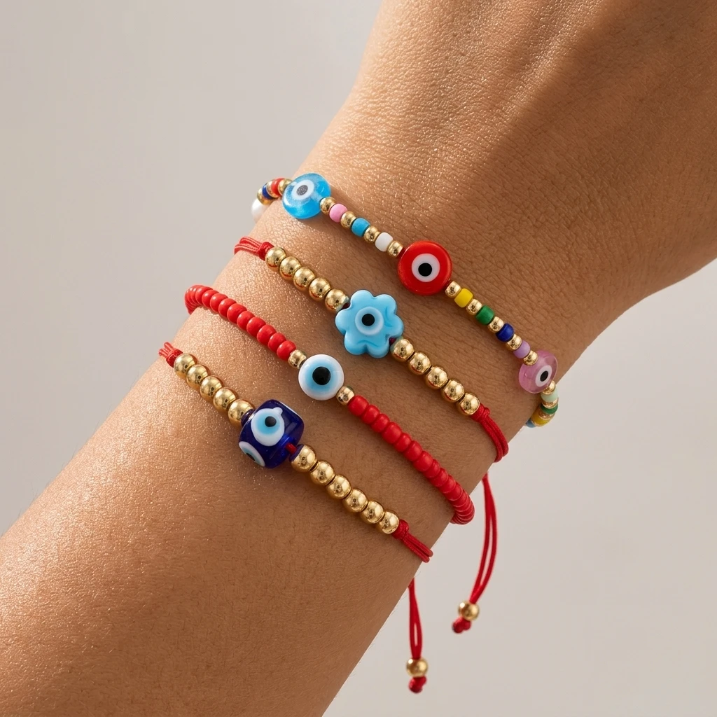 4pcs Evil Eye Glass Beaded Bracelet with Copper Beads Tie Closure Boho Round Charm Bracelet for Women Vacation Jewelry