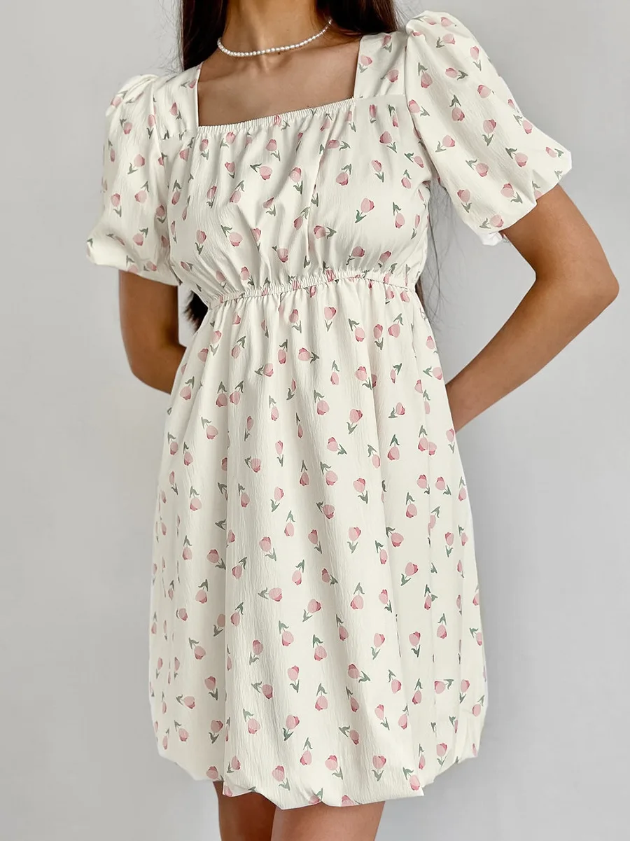 

2025 Summer New Puff Sleeve Chic Women Dress Square Collar Floral Print Short Dress High Waist A-line Korean Fashionable Dresses