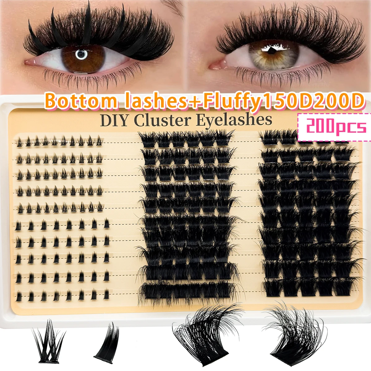 HBZGTLAD 60D-200D Manga Fluffy Eyelash Clusters with Spikes and Bottom Lash Cluster 5D volume individual lashes D curl lash clus