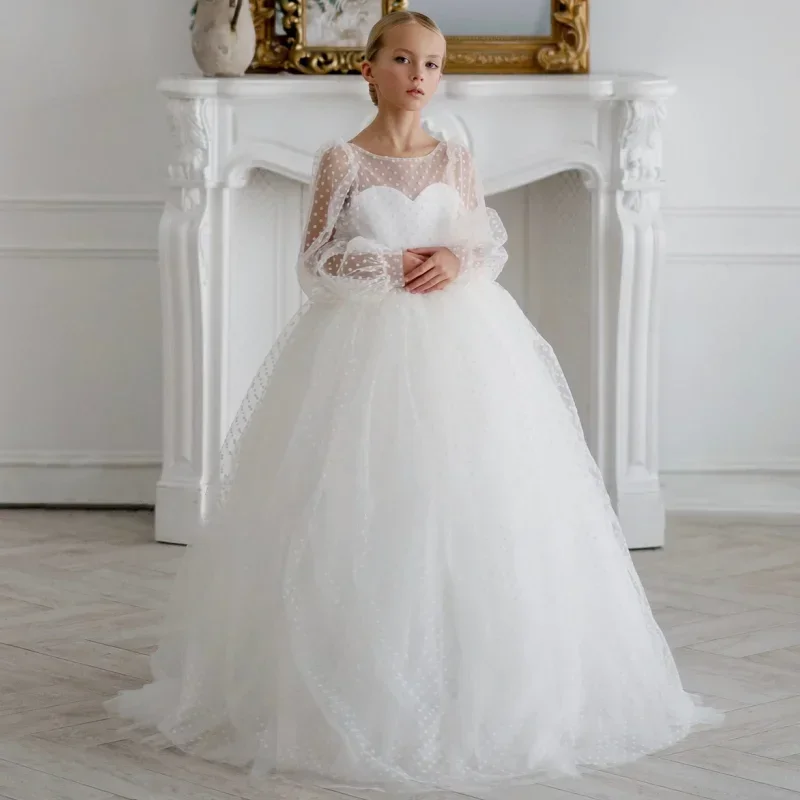 

Flower Girl Dresses Birthday Banquet First Communion Gowns White Tulle Polka Dot Skirt With Bow Long Sleeve For Wedding