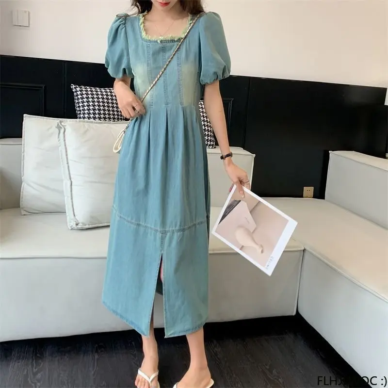 Robe en jean à col carré pour femme, robe longue bleue, jean en coton, style rétro, vintage, pompon, doux, décontracté, doux, coréen, chic, filles